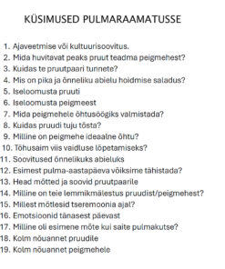 Pulmaraamatu küsimuste nimekiri külalistele