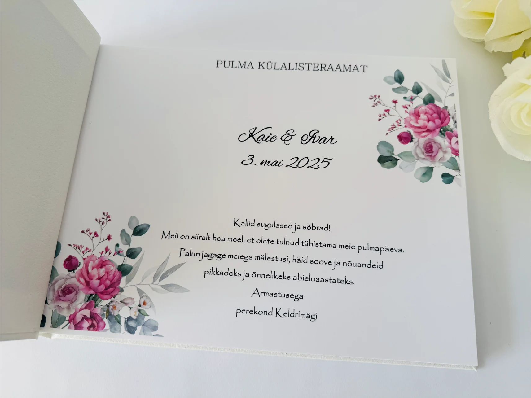 Pulmaraamatu sissejuhatav leht lillede ja nimedega