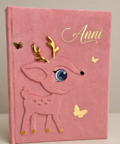 Roosa sametine beebialbum Anni nime ja armsa hirvekujundusega